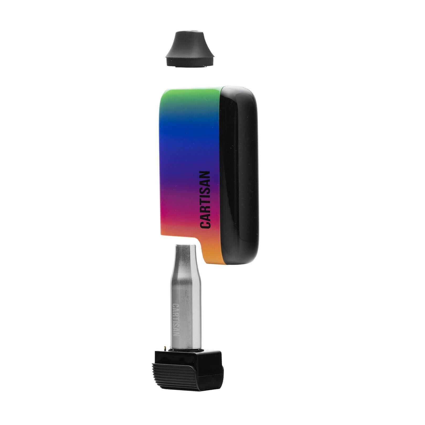 Veil Bar Pro EVO vape device disassembled with rainbow color design and metallic atomizer.