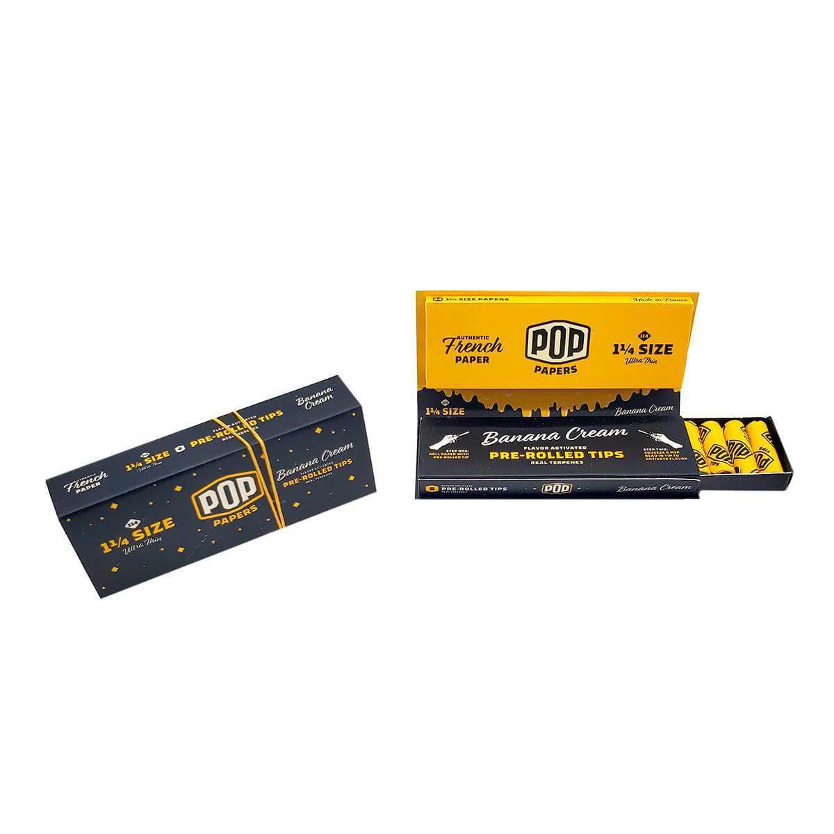 Pop Papers 1 1/4 Size flavored rolling papers with pre-rolled banana cream tips in a vibrant packaging.