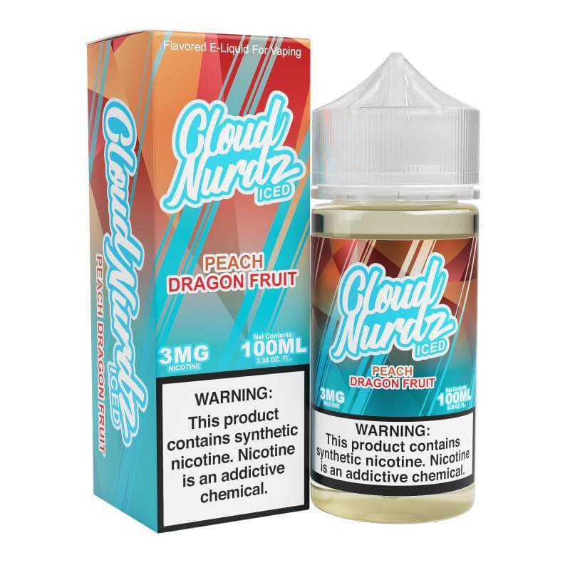 Cloud Nurdz Iced Peach Dragon Fruit e-liquid 100ml bottle with vibrant packaging for sub-ohm vaping.