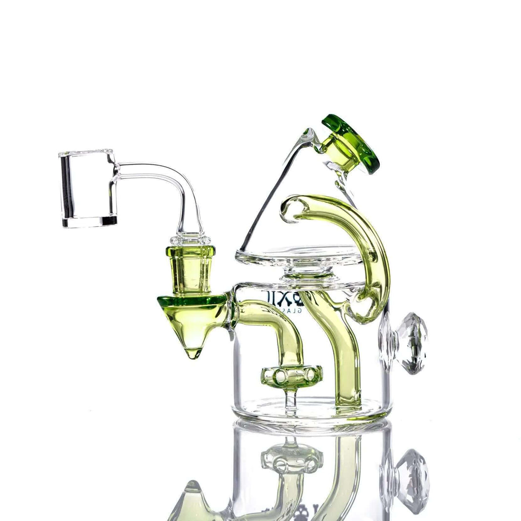 Toxic Glass 6" Cone Recycler Diamond Rig showcasing green accents and unique design for enhanced filtration.