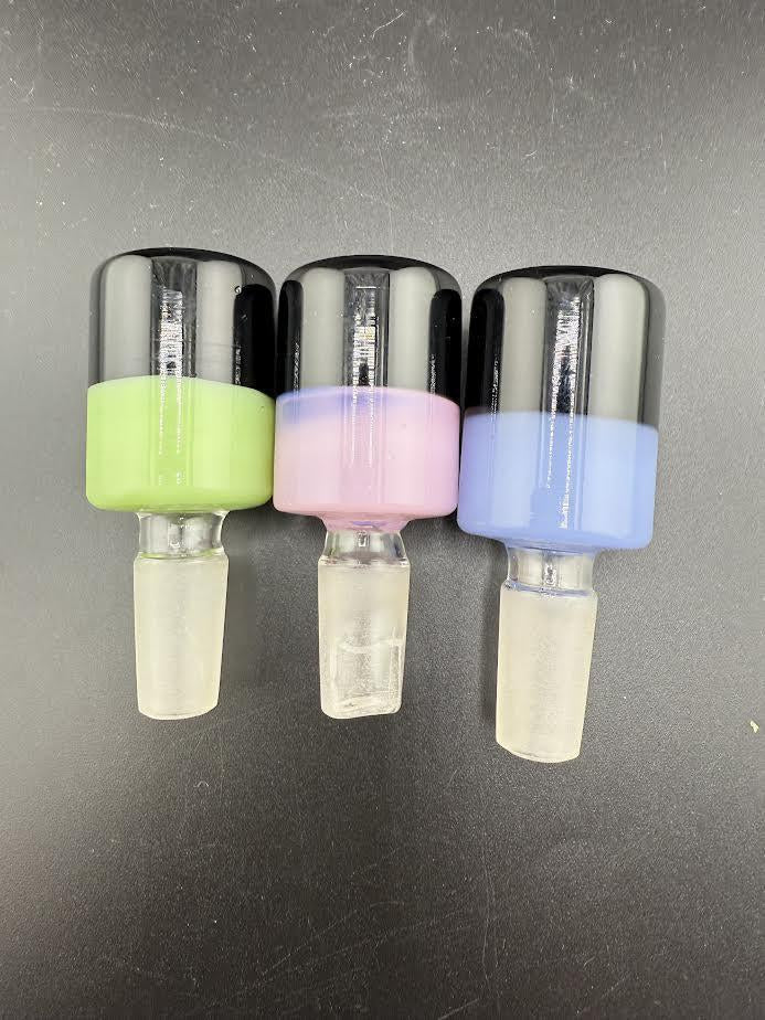Three colorful 14mm bowl pieces in black and vibrant colors, perfect for enhancing your smoking experience.
