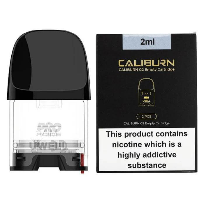 Uwell Caliburn G2 empty pod cartridge, 2ml capacity, ideal for refilling with e-liquid, nicotine warning included.