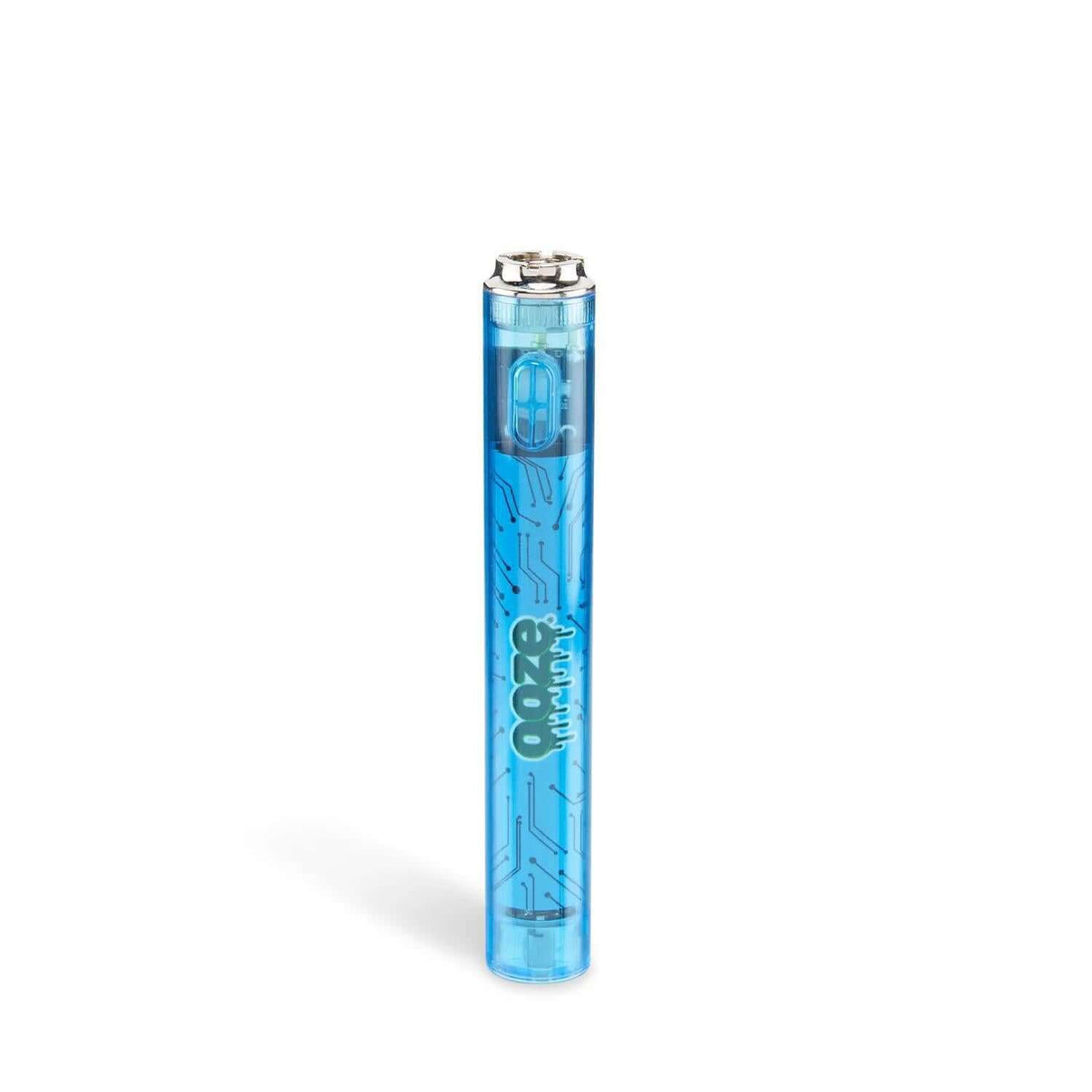 Ooze Slim Clear Series 510 Cart Battery in transparent blue design, offering retro appeal and advanced vaping performance.