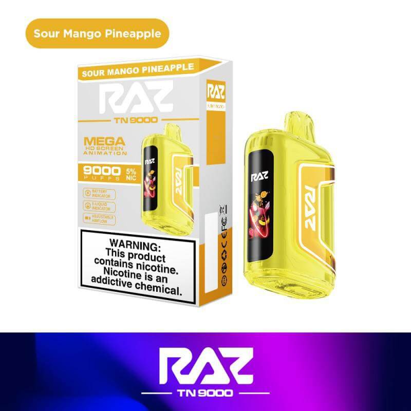 Raz TN9000 Sour Mango Pineapple Disposable Nicotine Vape with warning label and bold design.