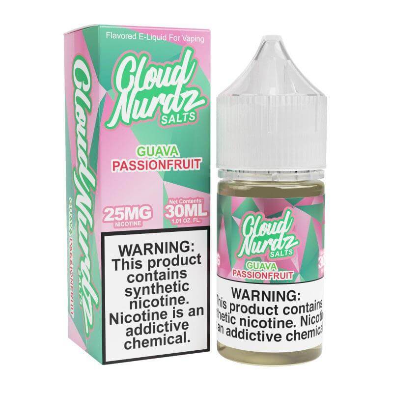 Cloud Nurdz Iced 30ml Guava Passionfruit e-liquid with 25MG nicotine, flavorful vaping juice.