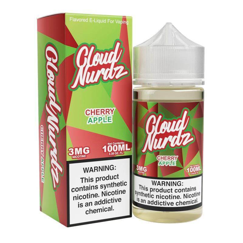 Cloud Nurdz Cherry Apple e-liquid 100ml bottle, featuring fruity flavors and 3mg nicotine content.