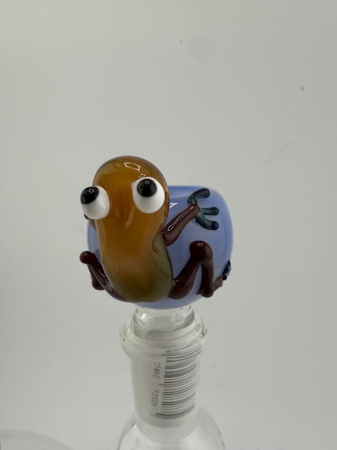 Handcrafted 14mm frog bowl piece by Lamp Dancer featuring vibrant colors and playful design.
