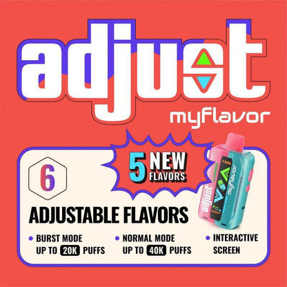 Adjust MyFlavor Disposable Vape features 6 adjustable flavors, burst and normal modes, and an interactive screen.