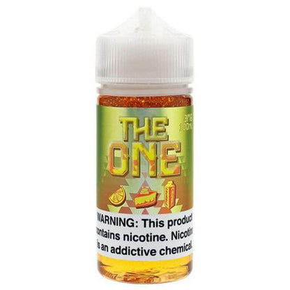 The One 100ml e-liquid bottle featuring vibrant label and warning about nicotine addiction.