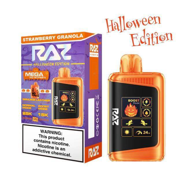 Raz 25 Halloween Edition vape featuring strawberry granola flavor and 25k puffs for an elevated vaping experience.