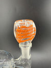 Orange swirl 14mm flat face bowl piece, made from durable borosilicate glass for smooth packing and style.