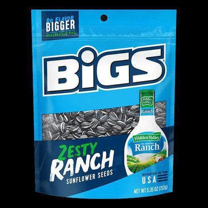 Bigs Zesty Ranch Sunflower Seeds 5.35 oz resealable bag, packed with savory flavor and crunch, perfect for snacking.