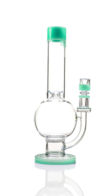 Toxic Frit Perc 12" Globe water pipe featuring clear glass, green accents, and fritted percolator for smooth filtration.