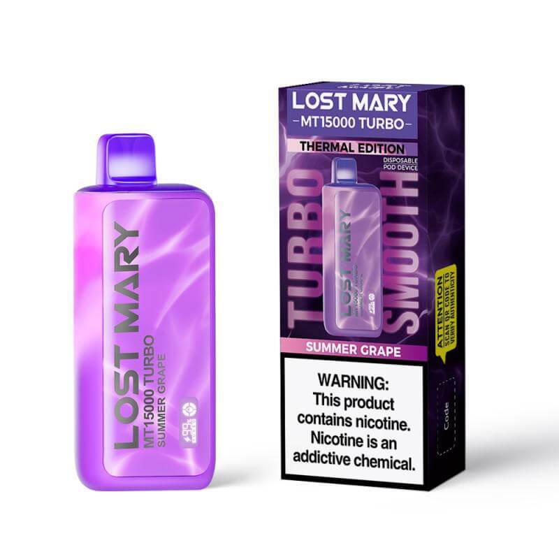 Lost Mary MT15000 Turbo vape in Summer Grape flavor, featuring thermal color changing edition packaging.