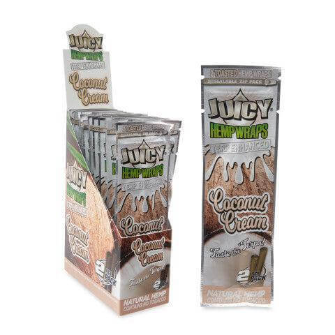 Juicy Jay's Toasted Hemp Wraps Coconut Cream flavor, natural hemp wraps in a display box, 2 pcs each.