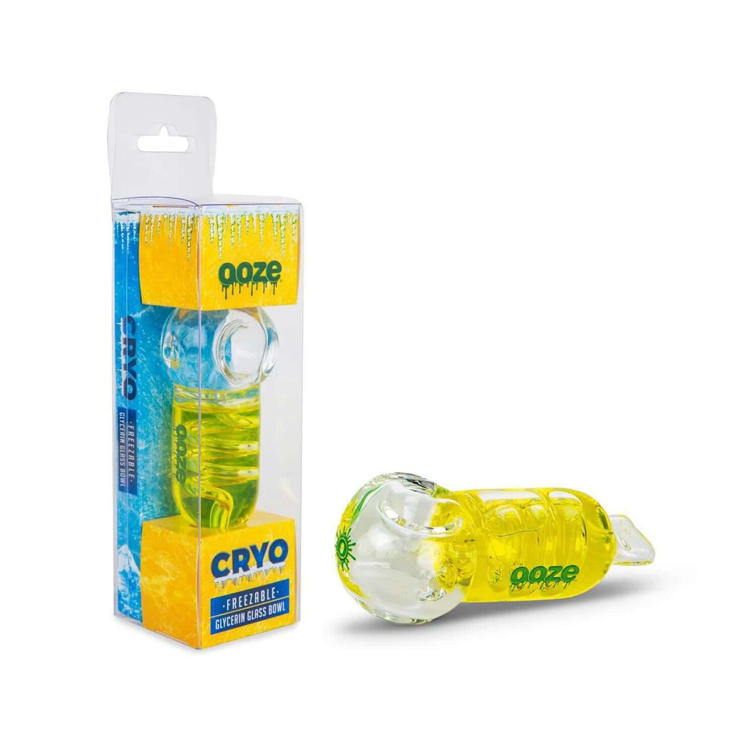 Ooze Cryo Freezable Glycerin Glass Hand Pipe with bright yellow glycerin and packaging for smooth, chilled smoking.