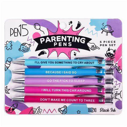 Set of humorous parenting pens featuring cheeky phrases in blue and pink colors.