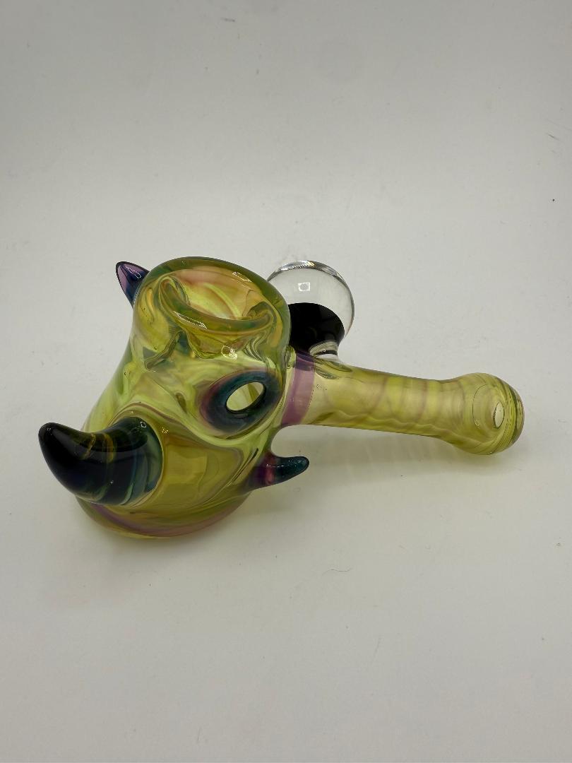 Lylo Glass Green / Purple Hammer Pipe w/ Opal Marble & Horns