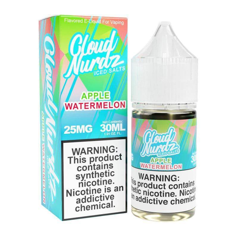 Cloud Nurdz Iced 30ml Apple Watermelon e-liquid with vape juice packaging, 25MG nicotine.