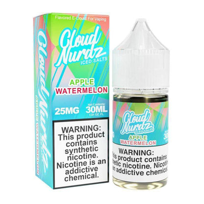 Cloud Nurdz Iced 30ml Apple Watermelon e-liquid with vape juice packaging, 25MG nicotine.