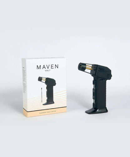 Maven Volt Butane Torch in black next to its packaging, showcasing adjustable jet flame lighter features.