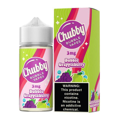 Chubby Bubble Vapes 100ml Bubble Crappleberry flavor vape juice bottle with vibrant packaging and nicotine warning.