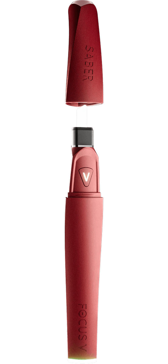 Focus V Saber electronic dab tool in red, featuring USB-C charging and adjustable power levels for optimal use.