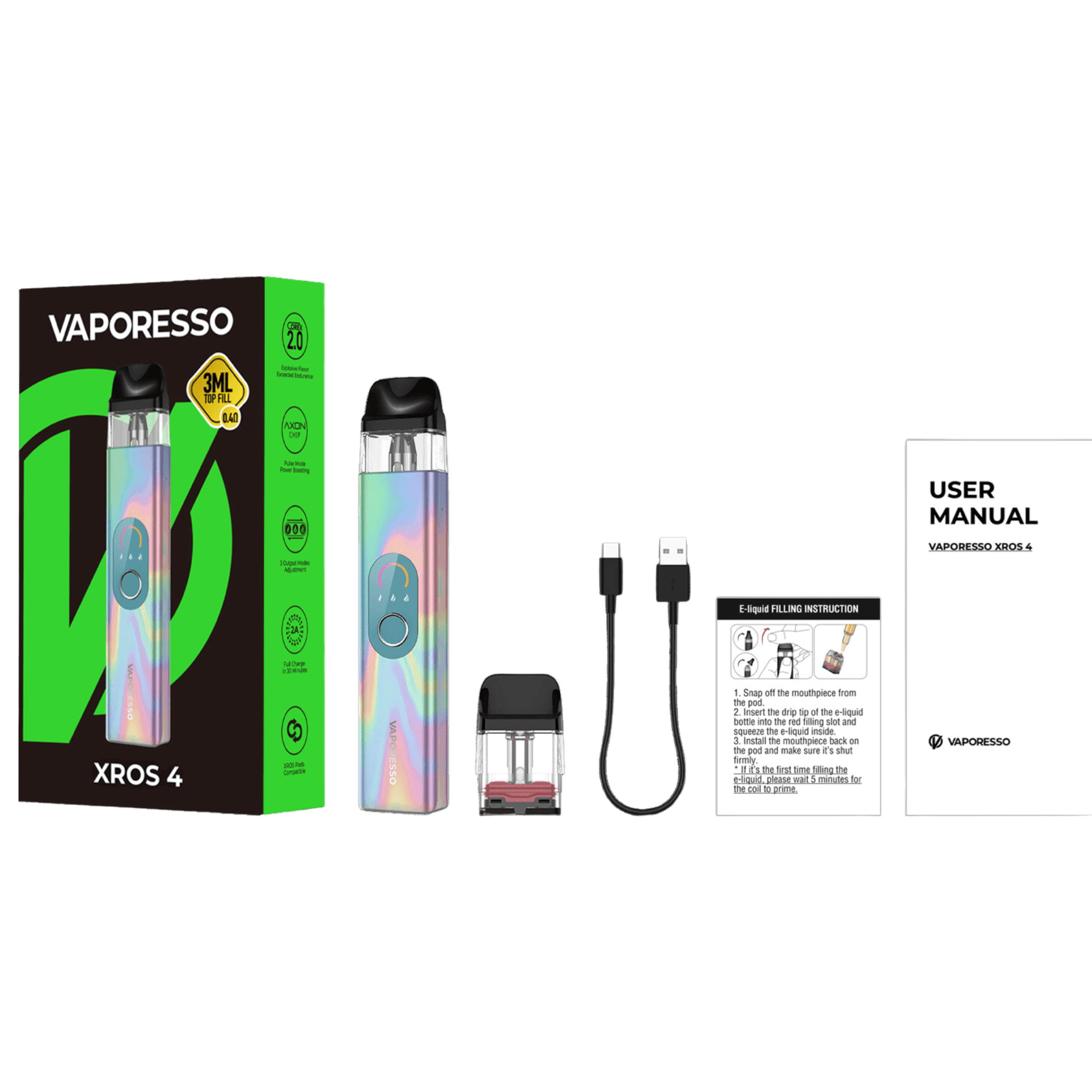 Vaporesso XROS 4 kit with 3mL pods, USB cable, and user manual for enhanced vaping experience.