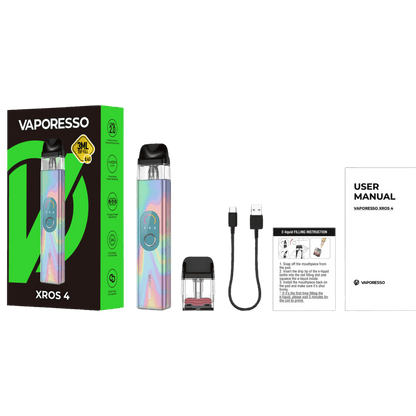 Vaporesso XROS 4 kit with 3mL pods, USB cable, and user manual for enhanced vaping experience.