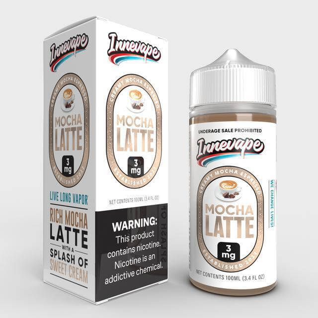 Innevape Mocha Latte 100ml e-liquid bottle with creamy mocha flavor and nicotine information.