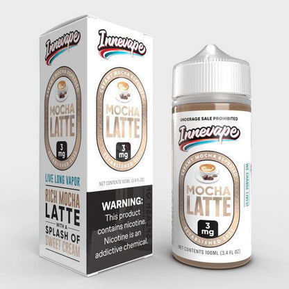 Innevape Mocha Latte 100ml e-liquid bottle with creamy mocha flavor and nicotine information.