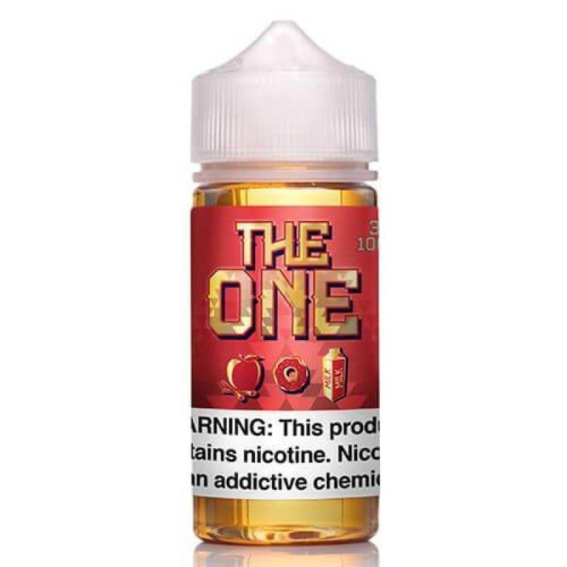 The One 100ml e-liquid bottle with vibrant label highlighting flavor options and nicotine warning.