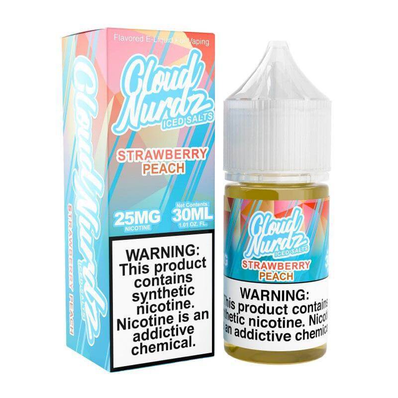 Cloud Nurdz Iced Strawberry Peach 30ml nicotine salt e-liquid with refreshing menthol flavor.