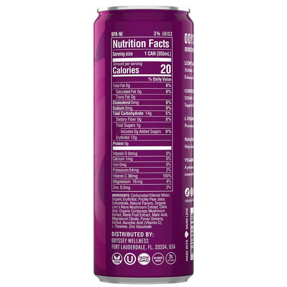 Nutrition facts label for Odyssey Mushroom Elixir Prickly Pear Revive sparkling drink, highlighting low calories and ingredients.