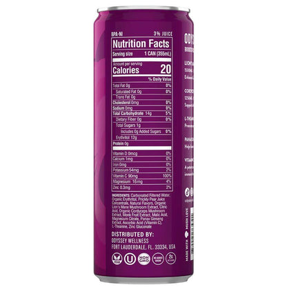 Nutrition facts label for Odyssey Mushroom Elixir Prickly Pear Revive sparkling drink, highlighting low calories and ingredients.