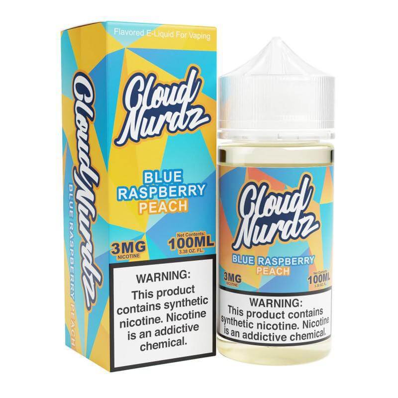 Cloud Nurdz Blue Raspberry Peach e-liquid 100ml bottle, featuring vibrant fruity flavors for a satisfying vaping experience.