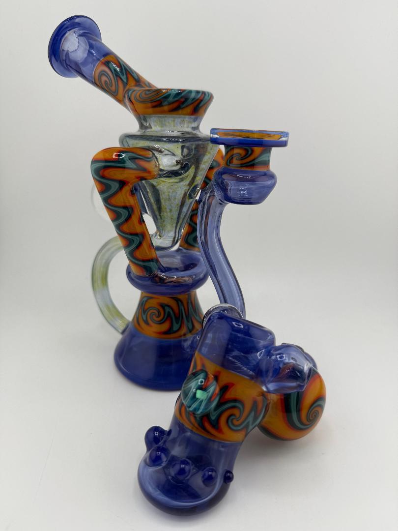 Crondo Glass Sonic Blue Fire & Ice Wig Wag Recycler 14mm 90° W/ Matching Hammer