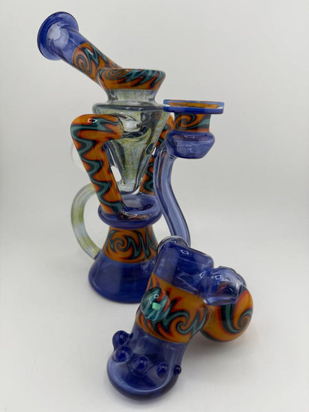 Crondo Glass Sonic Blue Fire & Ice Wig Wag Recycler 14mm 90° W/ Matching Hammer