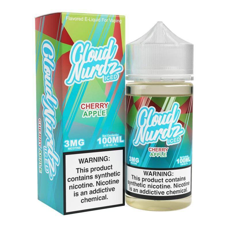 Iced Cloud Nurdz Cherry Apple e-liquid 100ml bottle and packaging, delivering bold flavor and icy coolness.