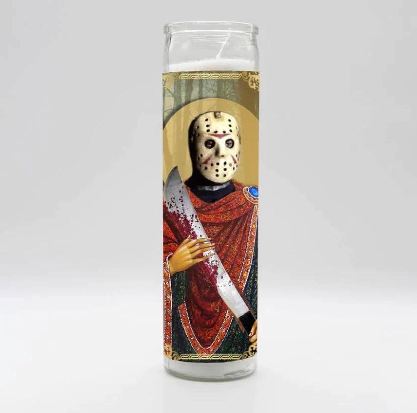 Bobbyk Saint Candles featuring a parody design of a figure in a hockey mask with a sword.