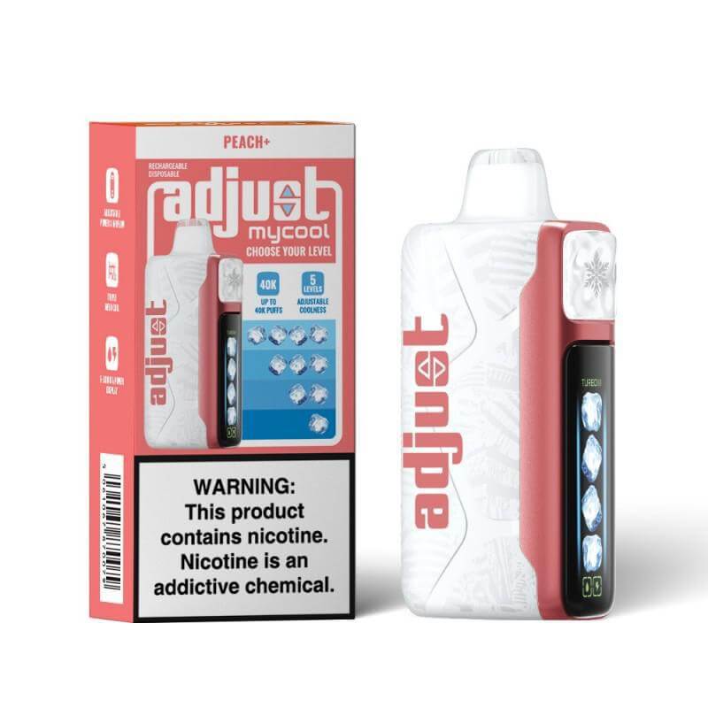 Adjust MyCool disposable nicotine vape with Peach flavor, featuring customizable settings and warning label.