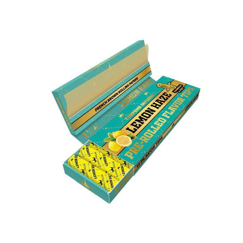 King Palm Lemon Haze flavored hemp rolling papers and tips, featuring bright packaging with lemon graphics.