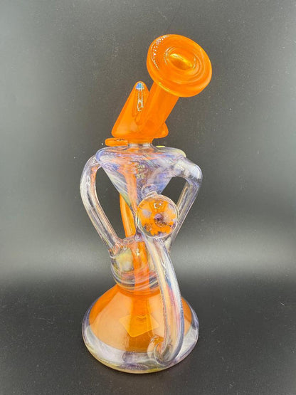 Mank Glass Orange & Purple Recycler w/ Marble and Opal Accents 10mm 90°