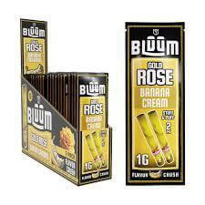 Bluum Cones Gold Rose Banana Cream flavor pack showcasing premium mini rolls in a stylish box.