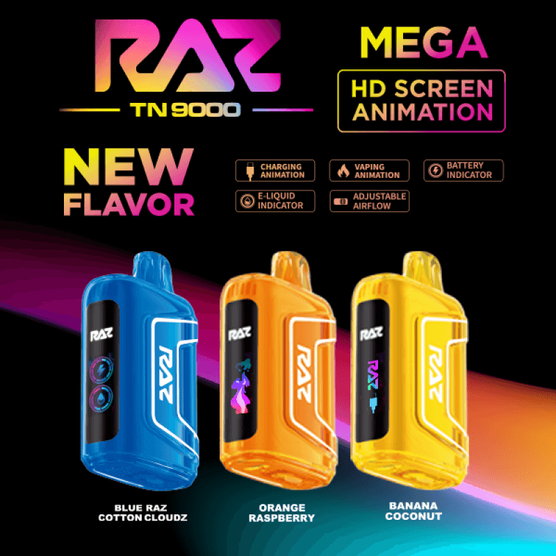 Raz TN9000 disposable vape featuring new flavors: Blue Raz Cotton Cloudz, Orange Raspberry, Banana Coconut, and vibrant HD screen.