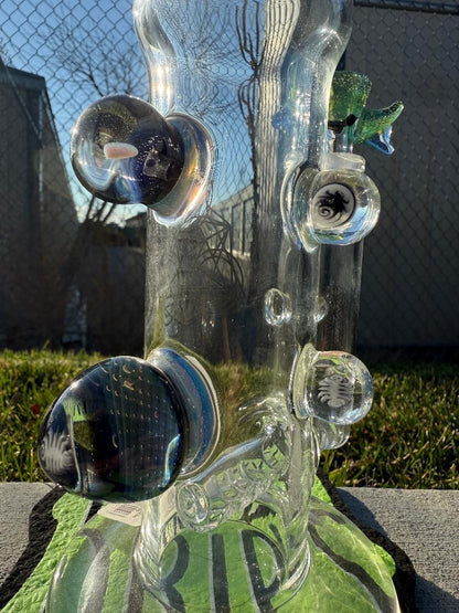Highgrade Glass Flower Straight Tube - Blue & Green Inline Perc w/ Bubble Trap & Opal Attachments 14mm 90°