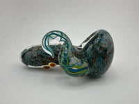 Paulson Pieces Small Glass Hand Pipe – Blue Multicolor Frit with Yellow & Blue Swirl Horn