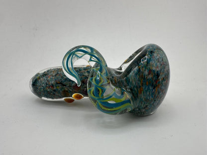 Paulson Pieces Small Glass Hand Pipe – Blue Multicolor Frit with Yellow & Blue Swirl Horn