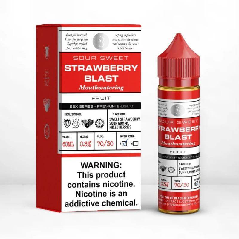 BSX Series Sour Sweet Strawberry Blast 60ml e-liquid bottle with red packaging and flavor description.