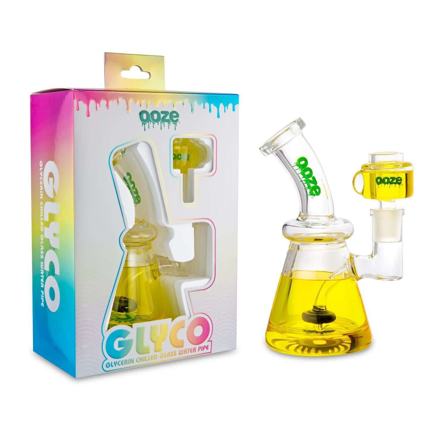 Ooze Glyco Glycerin Chilled Glass Water Pipe with colorful packaging, featuring freezable glycerin technology for smooth hits.